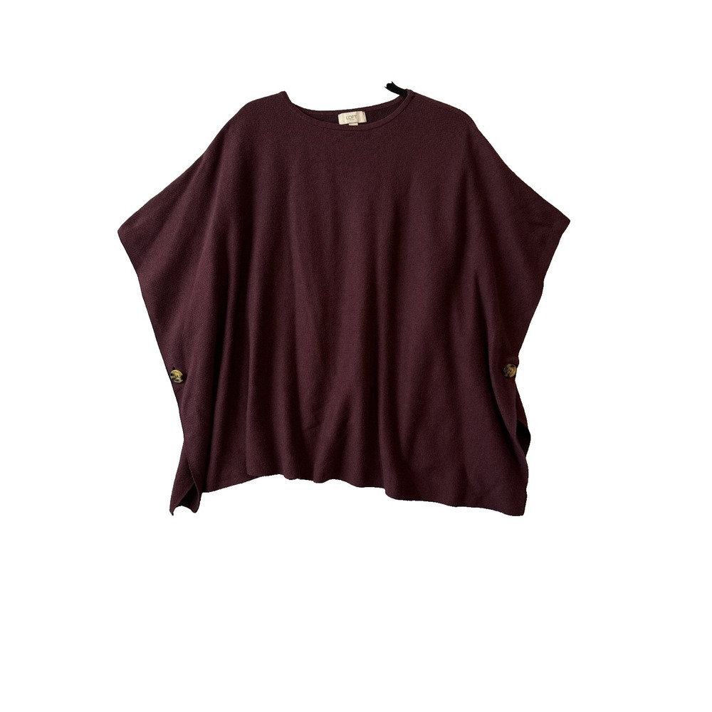 Loft Burgundy Poncho Sweater One Size Cape Side Button Knit Oversized Fall Cozy‎